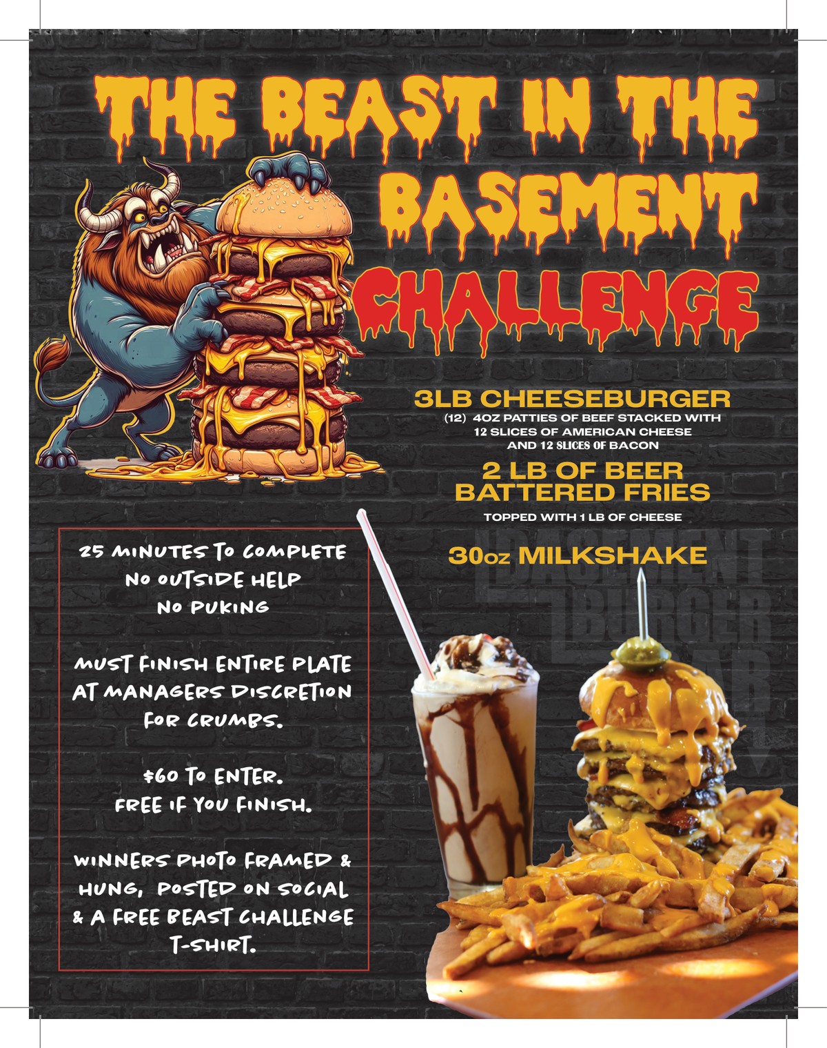 The Beast in the Basement Challenge at Basement Burger Bar — a 3 lb cheeseburger, loaded fries and a 30 oz milkshake